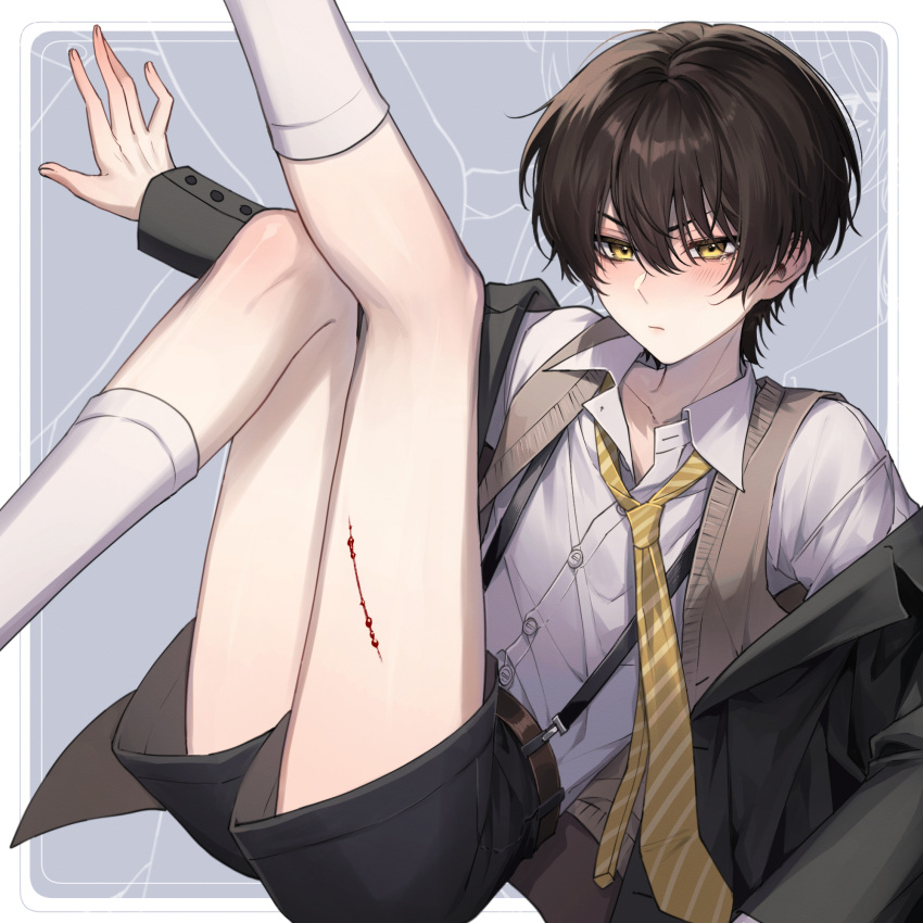 1boy blood brown_hair buttons collared_shirt crying highres jacket light_blush necktie open_clothes open_jacket original shirt shorts yellow_eyes