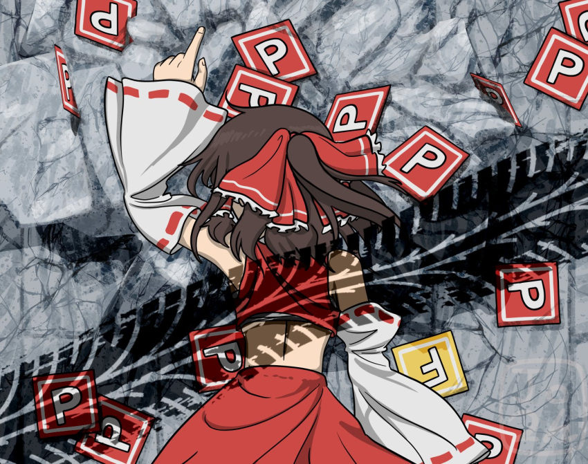 1girl brown_hair cropped_shirt detached_sleeves don't_you_ever_stop_(meme) english_commentary formula_one gundam gundam_tekketsu_no_orphans hair_ribbon hakurei_reimu jomun meme pointing power_item_(touhou) red_ribbon red_shirt red_skirt ribbon roblox shirt skid_mark skirt sleeveless sleeveless_shirt solo touhou