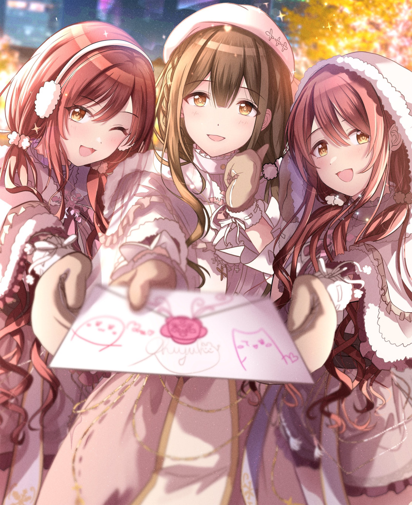 3girls absurdres alstroemeria_(idolmaster) blush brown_eyes brown_hair citrusmikan commentary_request envelope girl_sandwich highres idolmaster idolmaster_shiny_colors kuwayama_chiyuki long_hair looking_at_viewer mittens multiple_girls open_mouth osaki_amana osaki_tenka sandwiched smile yellow_eyes