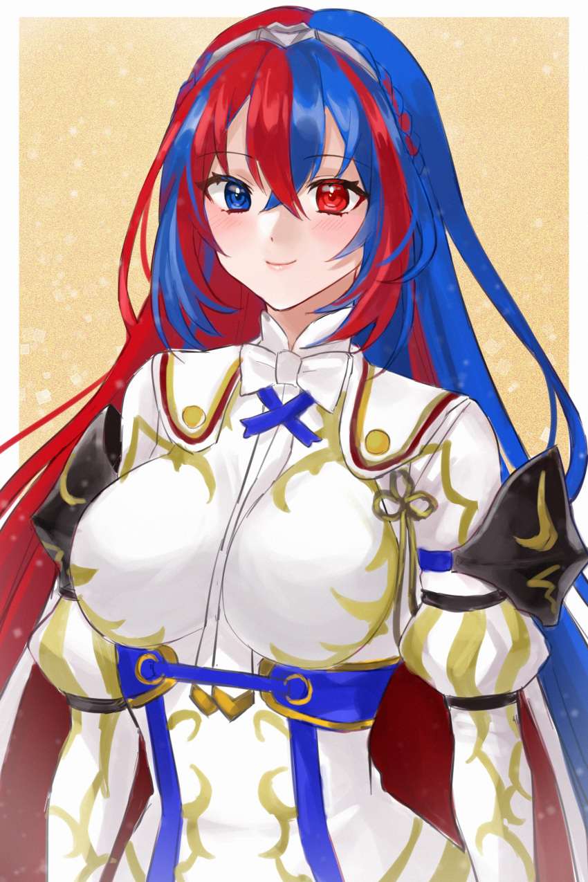 absurdres alear_(female)_(fire_emblem) alear_(fire_emblem) blue_eyes blue_hair braid crossed_bangs crown_braid fire_emblem fire_emblem_engage hazuki_(nyorosuke) heterochromia highres long_hair multicolored_hair red_eyes red_hair solo split-color_hair tiara two-tone_hair very_long_hair