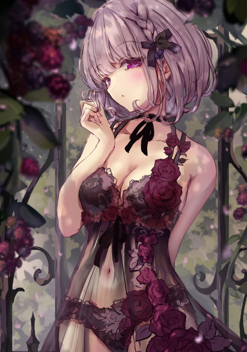 1girl :o arm_behind_back armpit_crease babydoll bare_shoulders black_babydoll black_bow black_panties black_ribbon blush bob_cut bow breasts cleavage collarbone cowboy_shot day flower forest frilled_panties frills hair_bow hand_up highres holding_own_hair large_breasts long_bangs looking_at_viewer medium_hair missile228 nature navel neck_ribbon original outdoors panties parted_lips pink_eyes pink_hair plant purple_flower purple_rose ribbon rose see-through_babydoll solo stomach tree underwear