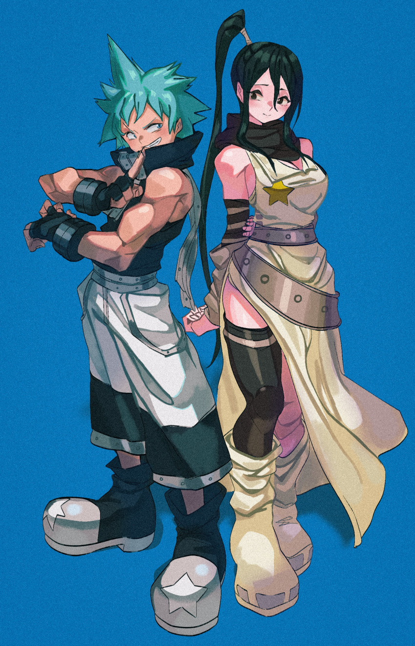 1boy 1girl absurdres aqua_eyes aqua_hair arms_behind_back black_eyes black_hair black_shirt black_star blue_background blush breasts cleavage dress high_ponytail highres kuji-in large_breasts long_hair mochi_paya nakatsukasa_tsubaki ninja shirt short_hair shorts simple_background sleeveless sleeveless_shirt smile smirk soul_eater spiked_hair star_(symbol) white_dress white_shorts