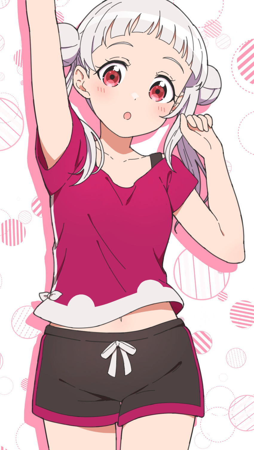 1girl :o arashi_chisato arm_up black_shorts blunt_bangs blush collarbone commentary_request double_bun hair_bun highres jenny_(artist) looking_at_viewer love_live! love_live!_superstar!! midriff_peek navel pink_shirt red_eyes shirt short_sleeves shorts solo standing upper_body white_hair