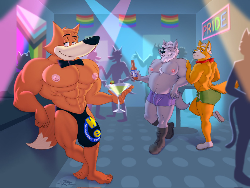 anthro big_bulge bow_tie bulge canid canine canis clothing cocktail_glass container cup drinking_glass fox fox_mccloud glass glass_container glass_cup hi_res howz humongous_entertainment lgbt_pride male mammal muscular nintendo pride_colors progress_pride_colors rainbow_flag rainbow_pride_flag rainbow_symbol spy_fox spy_fox_(series) star_fox underwear wolf wolf_o'donnell