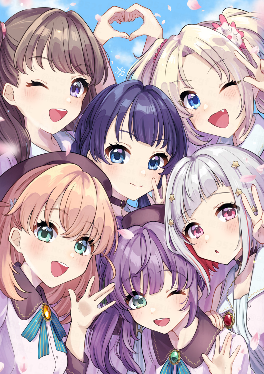 6+girls absurdres asymmetrical_bangs beret blonde_hair blue_eyes blue_hair blush brown_choker brown_hair brown_headwear choker closed_mouth colored_inner_hair commentary_request fang fujishima_megumi green_eyes grey_hair hat heart heart_hands heart_hands_duo highres hinoshita_kaho kyaku_tatsu link!_like!_love_live! long_hair looking_at_viewer love_live! medium_hair multicolored_hair multiple_girls murano_sayaka one_eye_closed open_mouth orange_hair osawa_rurino otomune_kozue parted_lips pink_eyes purple_eyes purple_hair red_hair short_hair streaked_hair twintails upper_body v w yugiri_tsuzuri