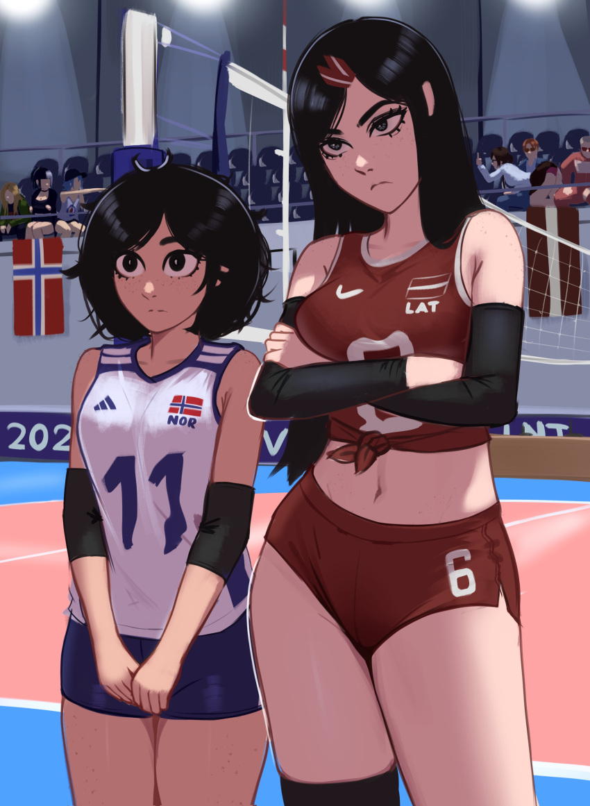 2boys 6+girls absurdres adidas audience black_eyes black_hair blue_eyes blue_shorts body_freckles bored breasts buruma contrapposto crossed_arms elbow_pads elbow_sleeve freckles gym_shirt gym_shorts gym_uniform hair_ornament hairclip head_tilt height_difference highres indoors jessie_(veyonis) kadence_(veyonis) latvian_flag long_hair looking_ahead medium_breasts messy_hair midriff mika_(veyonis) multiple_boys multiple_girls navel nervous norwegian_flag original red_buruma rosen_(veyonis) shirt shorts sportswear standing straight_hair tall_female thighs tomboy v_arms veyonis volleyball_net volleyball_uniform wide-eyed wide_hips yuna_(veyonis)