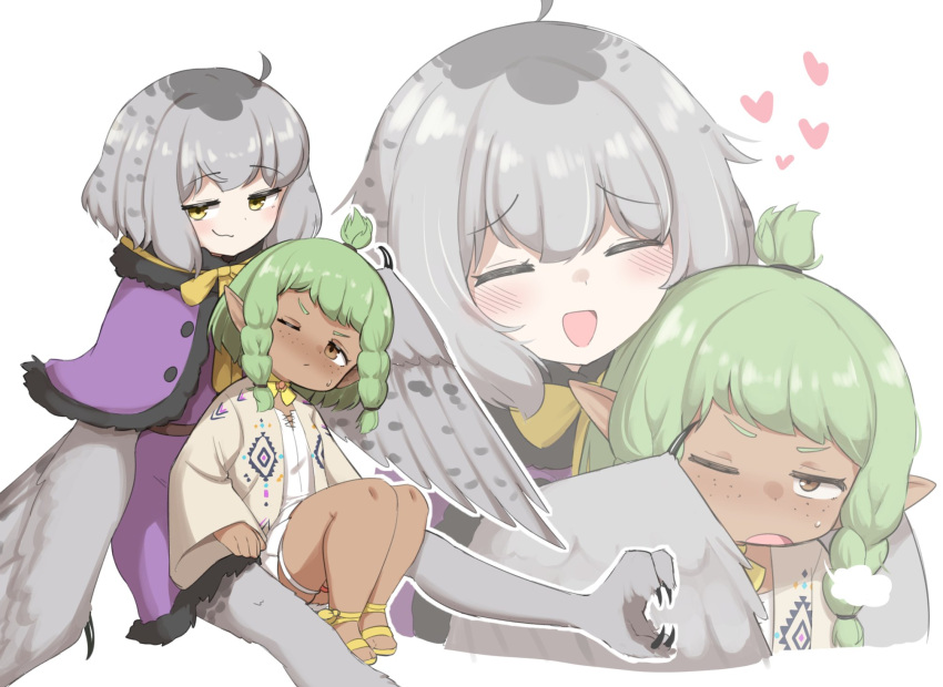 2girls ahoge bird_legs blush braid capelet claws closed_eyes commentary dark-skinned_female dark_skin english_commentary feathered_wings final_fantasy final_fantasy_xiv freckles green_hair grey_feathers grey_hair grey_wings harpy heart highres lalafell medium_hair mono_(sifserf) monster_girl multiple_girls one_eye_closed open_mouth original owl_girl pointy_ears purple_capelet sandals shirt side_braids sifserf simple_background sitting sitting_on_lap sitting_on_person skirt sweatdrop talons topknot twin_braids warrior_of_light_(ff14) white_background white_shirt white_skirt winged_arms wings yellow_eyes