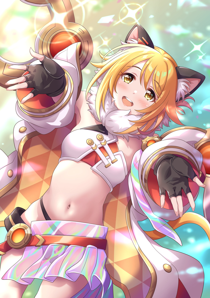 1girl absurdres animal_ear_fluff animal_ears blonde_hair blush breasts cat_ears cat_girl cat_tail coat cygames gloves hair_ornament hairclip highres hiyori_(princess_connect!) jacket long_sleeves looking_at_viewer open_clothes open_coat open_mouth orange_hair princess_connect! short_hair smile solo tail tsukachii