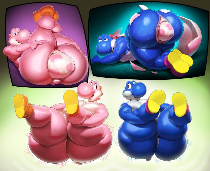 anus big_butt blue_yoshi bouncing_butt butt duo egg hi_res huge_butt justmegabenewell mario_bros nintendo oviposition pink_yoshi spreading vore yoshi