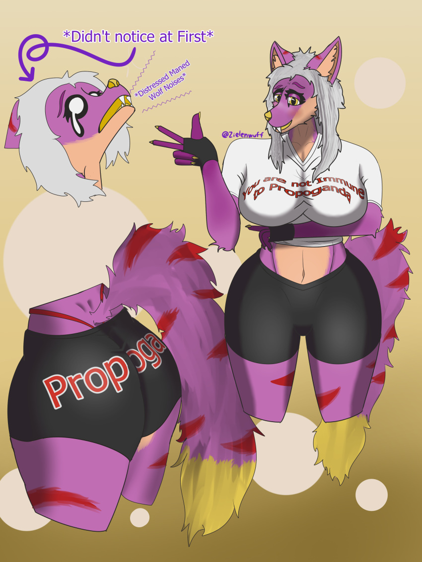 absurd_res anthro big_breasts big_butt blush bottomwear breasts butt canid canine clothed clothing crop_top digital_media_(artwork) fangs female fluffy fluffy_tail flustered fur g-string hair hi_res looking_at_viewer mammal maned_wolf meme open_mouth purple_body purple_fur shirt shorts simple_background small_clothing smile solo stripes tail teeth text text_on_bottomwear text_on_clothing text_on_shirt text_on_shorts text_on_topwear thick_thighs tight_clothing topwear underwear white_hair wide_hips you_are_not_immune_to_propaganda zielen_rex_(zielenwuff) zielenwuff