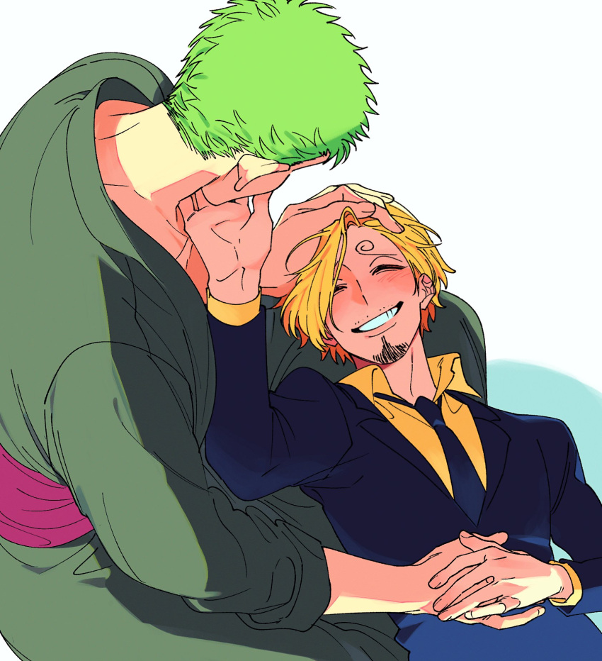 2boys black_necktie blonde_hair blush closed_eyes couple curly_hair facial_hair goatee green_hair grin hand_in_another's_hair highres holding_hands interlocked_fingers japanese_clothes lap_pillow male_focus multiple_boys necktie one_piece roronoa_zoro sanji_(one_piece) shirt short_hair simple_background smile suit tm_one white_background yaoi yellow_shirt