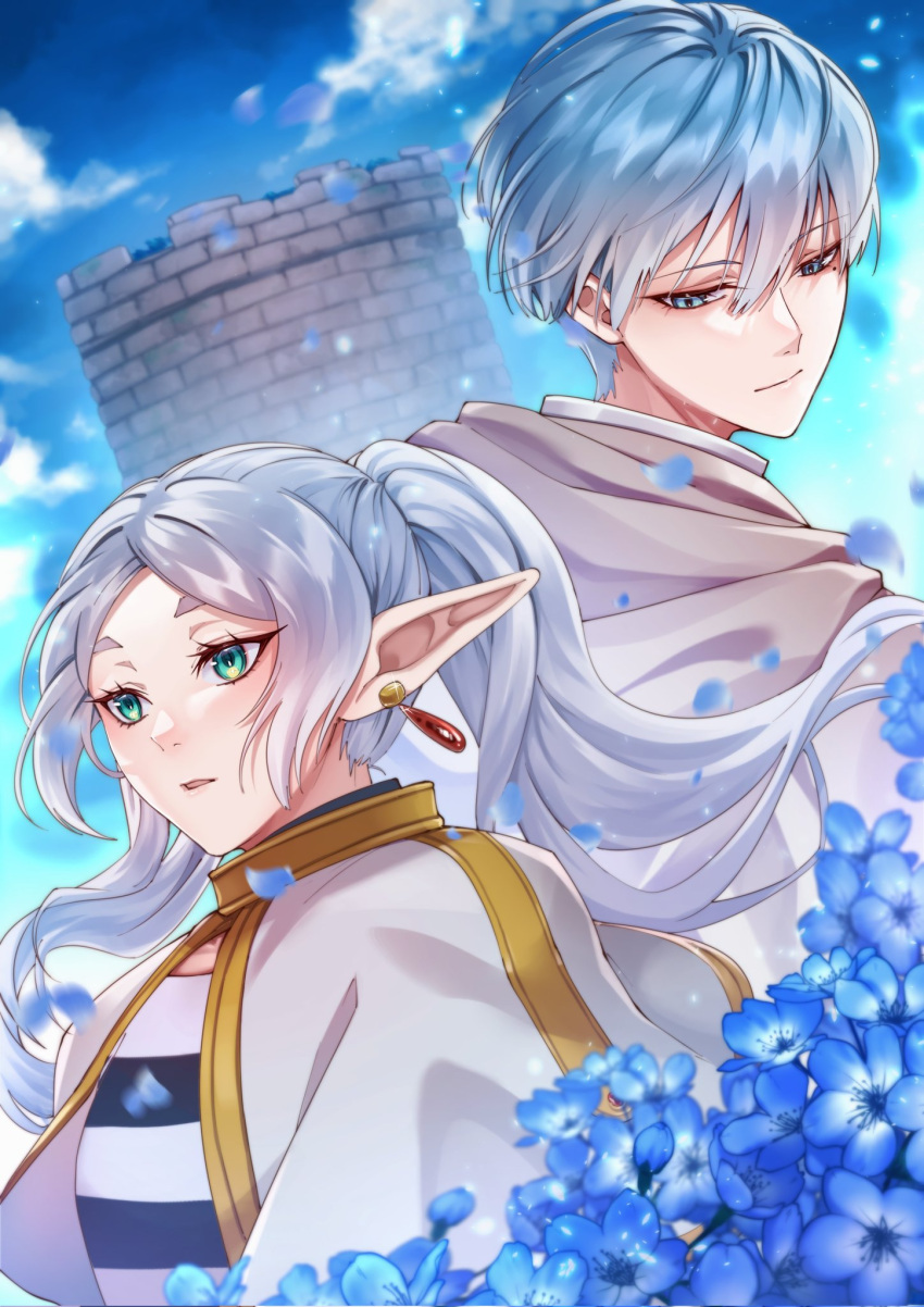 1boy 1girl blue_eyes cape capelet closed_mouth earrings elf frieren green_eyes highres himmel_(sousou_no_frieren) jewelry long_hair long_sleeves open_mouth pointy_ears softydaifuku sousou_no_frieren twintails white_cape white_capelet white_hair