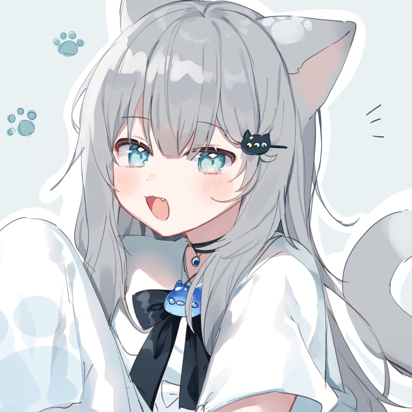 1girl :d absurdres animal_ears black_bow black_bowtie black_choker blue_background blue_eyes blush bow bowtie cat_ears cat_girl cat_hair_ornament cat_tail choker collared_shirt dot_nose fang grey_hair hair_between_eyes hair_ornament hairclip highres indie_virtual_youtuber long_hair looking_at_viewer mokyuko nachoneko notice_lines open_mouth outline paw_print pillow portrait shirt short_sleeves sidelocks simple_background smile solo straight_hair tail virtual_youtuber white_outline white_shirt