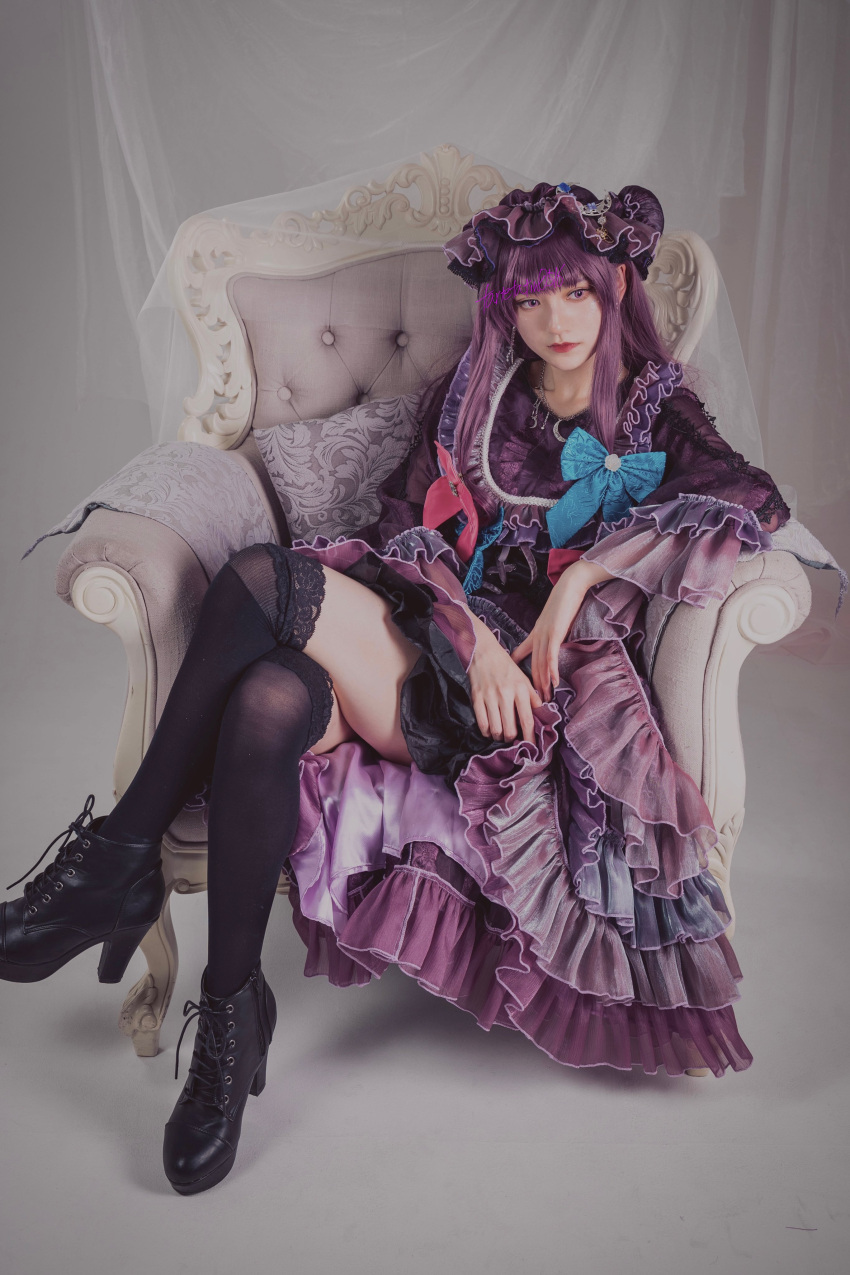 1girl absurdres adapted_costume black_footwear bow chair cosplay_photo crescent crescent_hat_ornament crossed_legs dress frilled_dress frilled_hat frilled_skirt frilled_sleeves frills hair_bow hair_ornament hat hat_ornament highres long_hair mob_cap on_chair patchouli_knowledge photo_(medium) purple_dress purple_eyes purple_hair skirt solo tartetatin0516 thighhighs touhou white_background