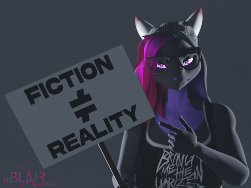 3d_(artwork) anthro band_merch band_shirt beanie blair_(unmakeyourself) bovid breasts caprine clothed clothing digital_media_(artwork) english_text eyewear female frown frowning_at_viewer gesture glasses goat hair hand_gesture hat headgear headwear hi_res holding_object holding_sign horn looking_at_viewer mammal pointing pupils shirt sign simple_background solo symbol-shaped_pupils text topwear unmakeyourself_(artist) unusual_pupils