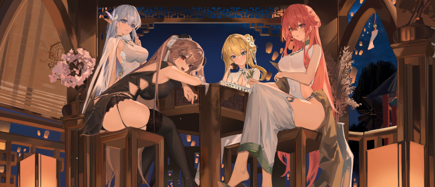 1girl 4girls absurdres albion_(azur_lane) albion_(scent_of_spring_in_the_red_pavilion)_(azur_lane) anchorage_(azur_lane) anchorage_(moonlit_boat_ride)_(azur_lane) azur_lane bare_shoulders blonde_hair blue_eyes blush breasts brown_coat china_dress chinese_clothes coat dress flower full_body grey_hair hair_between_eyes hair_bun hair_flower hair_ornament highres jeanne_d'arc_(azur_lane) large_breasts long_hair long_pointy_ears looking_at_viewer multiple_girls nineye official_alternate_costume perseus_(azur_lane) perseus_(spring_lackadaisical_leisure)_(azur_lane) pink_eyes pink_hair pointy_ears renown_(azur_lane) renown_(graceful_royal_pride)_(azur_lane) sitting thighs very_long_hair white_dress