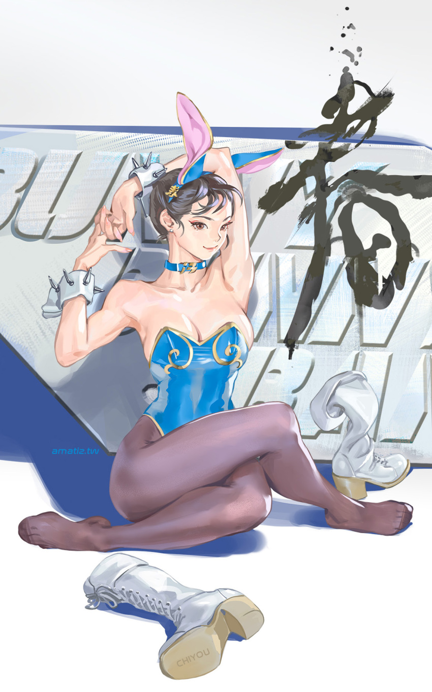 1girl adapted_costume amatiz animal_ears armpits artist_name bare_shoulders blue_choker blue_leotard boots breasts brown_eyes choker chun-li cleavage closed_mouth crossed_legs eyelashes fake_animal_ears feet full_body gold_trim highleg highleg_leotard highres large_breasts legs leotard looking_at_viewer on_ground pantyhose playboy_bunny purple_pantyhose rabbit_ears short_hair sitting smile solo strapless strapless_leotard street_fighter thighs toes undersized_breast_cup unworn_boots web_address white_footwear wrist_cuffs