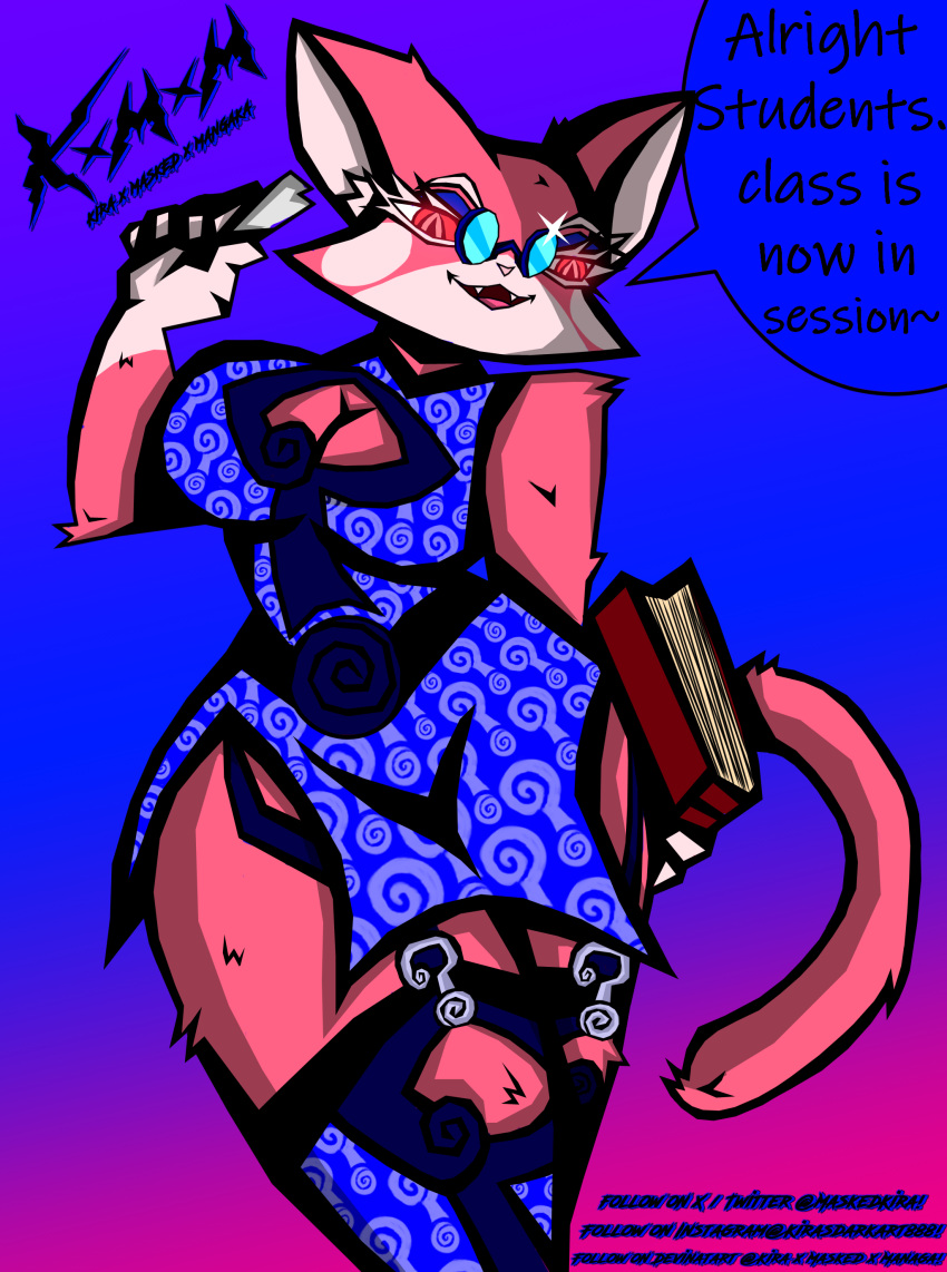 absurd_res anthro big_breasts blue_eyes book bottomwear breasts cat_tail chalk cleavage_cutout clothing cutout dialogue domestic_cat dress eyeshadow felid feline felis female fur garter_straps glowing glowing_eyes hi_res kira_x_masked_x_mangaka_(artist) legwear makeup mammal pink_body pink_fur pupils red_bottomwear red_clothing red_dress red_skirt shima_prime skirt slit_pupils solo speech_bubble stockings super_planet_dolan thick_thighs white_eyelashes wide_hips