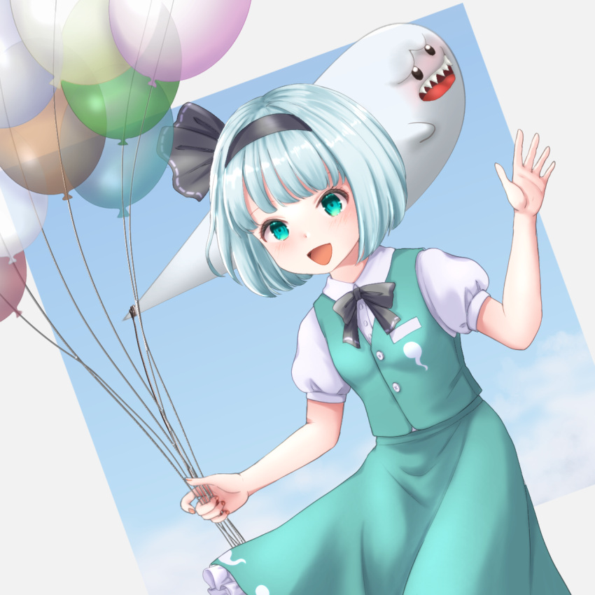 1girl :d balloon black_hairband blue_background blush boo_(mario) commentary_request frilled_skirt frills ghost ghost_print green_skirt green_vest grey_hair hairband highres konpaku_youmu kyabekko mario_(series) open_mouth shirt short_hair short_sleeves skirt smile touhou vest white_shirt