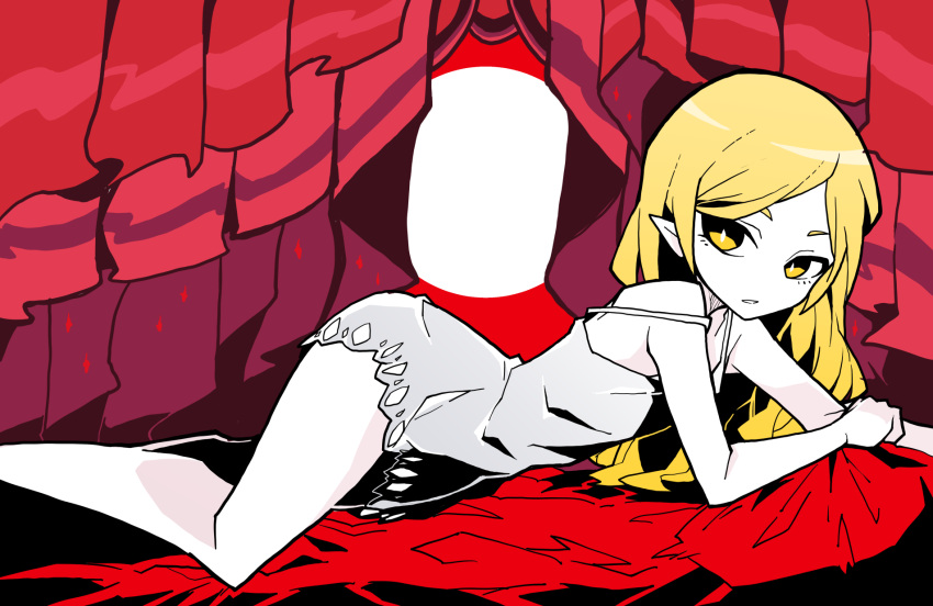 1girl akableak bare_shoulders blonde_hair breasts dress expressionless flat_chest highres kiss-shot_acerola-orion_heart-under-blade kizumonogatari long_hair looking_at_viewer lying monogatari_(series) on_stomach oshino_shinobu red_curtains small_breasts solo strap_slip white_dress yellow_eyes