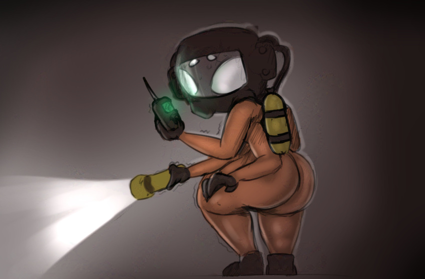 anthro armor big_butt bodily_fluids butt clothed clothing dark_room electronics flashlight hazmat_suit headgear helmet male mask motion_lines radio solo sweat websheck websly wide_hips