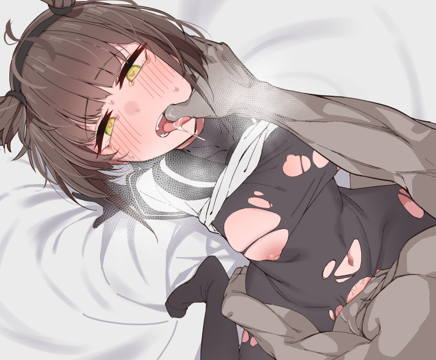 1boy 1girl absurdres bed_sheet black_bodysuit black_sailor_collar blush bodysuit breasts brown_hair clothed_female_nude_male finger_in_another's_mouth foreshortening hatsuzuki_(kancolle) heart heart-shaped_pupils hetero highres kantai_collection looking_at_viewer medium_breasts nipples nose_blush nude open_mouth sailor_collar saliva sex shiawase_hougan solo_focus sweat symbol-shaped_pupils tears tongue torn_bodysuit torn_clothes yellow_eyes