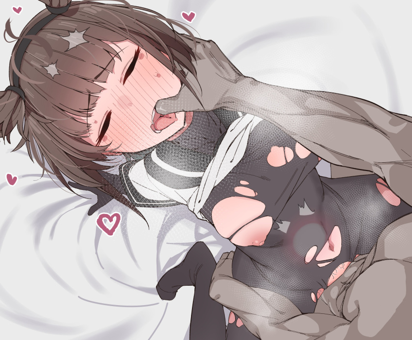 1boy 1girl absurdres bed_sheet black_bodysuit black_sailor_collar blush bodysuit breasts brown_hair closed_eyes clothed_female_nude_male finger_in_another's_mouth foreshortening hatsuzuki_(kancolle) heart hetero highres kantai_collection medium_breasts nipples nose_blush nude open_mouth sailor_collar saliva sex shiawase_hougan solo_focus sweat tongue torn_bodysuit torn_clothes