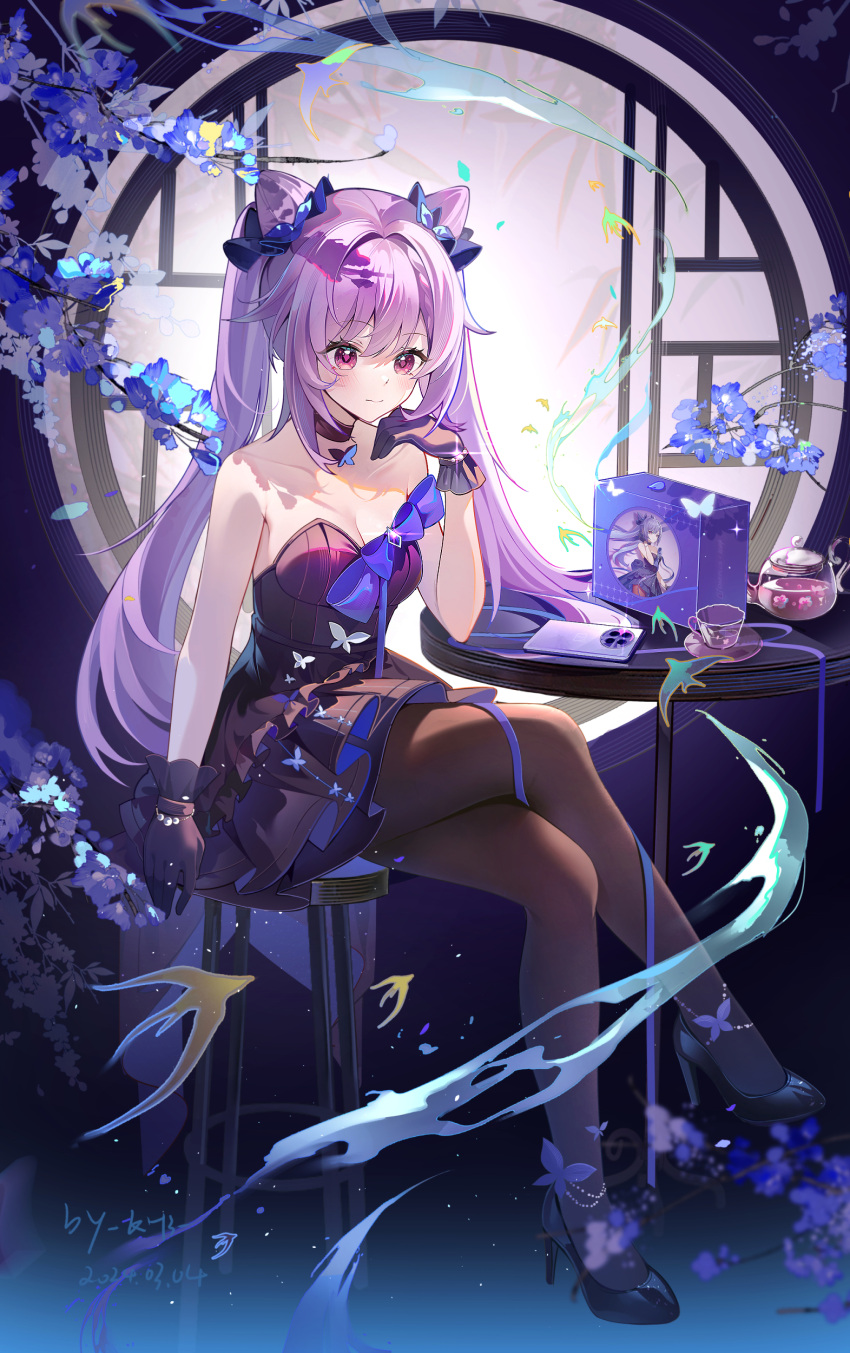 1girl absurdres bare_arms bare_shoulders black_choker black_dress black_footwear black_pantyhose blue_bow bow breasts choker cleavage commentary_request cone_hair_bun crossed_legs dress genshin_impact hair_bun high_heels highres keqing_(genshin_impact) long_hair miaogujun pantyhose purple_eyes purple_hair sitting small_breasts solo strapless strapless_dress twintails very_long_hair