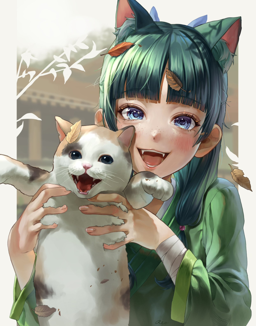 1girl :d animal animal_ear_fluff bandaged_arm bandages beads blue_bow blue_eyes blunt_bangs blush border bow cat chinese_clothes commentary_request fangs freckles green_hair green_hanfu green_robe hair_beads hair_bow hair_ornament hanfu highres holding holding_animal holding_cat kemonomimi_mode kusuriya_no_hitorigoto leaf leaf_on_head long_hair long_sleeves maomao_(kusuriya_no_hitorigoto) outside_border rearea_7777 robe signature smile solo white_border wide_sleeves