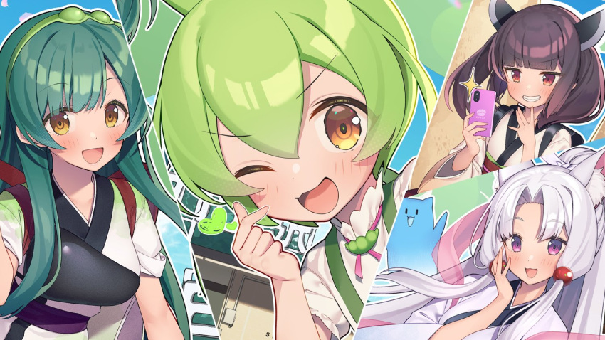 4girls animal_ear_fluff animal_ears blush breasts brown_hair cellphone finger_heart flat_chest green_eyes green_hair grin hair_bobbles hair_ornament hairband heart holding holding_phone japanese_clothes kimono long_hair medium_breasts multiple_girls multiple_views muneate obi one_eye_closed open_mouth orange_eyes parted_bangs partner_(kprtnr) phone pink_eyes ponytail sash shirt sidelocks sleeves_rolled_up smile sparkle touhoku_itako touhoku_kiritan touhoku_zunko upper_body voiceroid voicevox white_hair white_kimono white_shirt zundamon