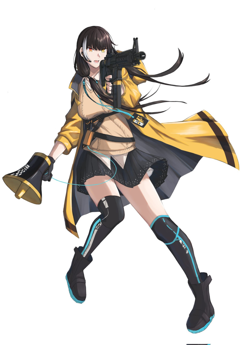 black_gloves black_hair citrus7763 colt_9mm_smg girls'_frontline gloves highres instrument jacket long_hair multicolored_eyes multicolored_hair open_mouth ro635_(girls'_frontline) shirt solo trumpet yellow_jacket yellow_shirt