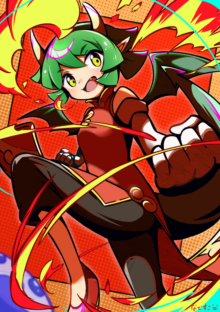 1girl absurdres black_pants blush breath_weapon breathing_fire clenched_hands draco_centauros dragon_girl dragon_tail dress fang fire green_hair highres horns nadesukos open_mouth pants pointy_ears puyopuyo red_dress short_hair signature tail wings yellow_eyes