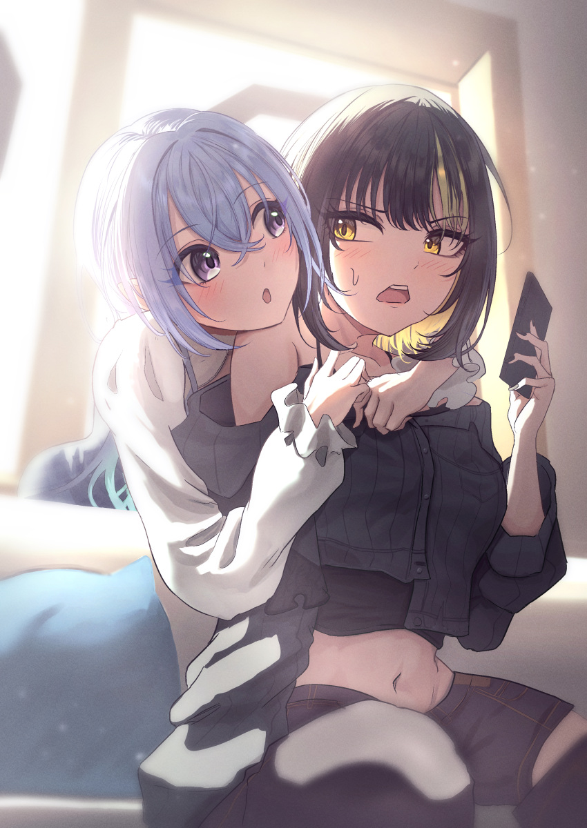 2girls :o absurdres black_hair black_jacket blonde_hair blue_hair blush cellphone commentary_request cropped_jacket cropped_shirt dress hair_between_eyes highres holding holding_phone hug hug_from_behind idolmaster idolmaster_shiny_colors ikaruga_luca indoors jacket looking_at_another misanga_(hxjd5354) multicolored_hair multiple_girls navel phone pinafore_dress sleeveless sleeveless_dress stomach streaked_hair suzuki_hana sweatdrop yuri