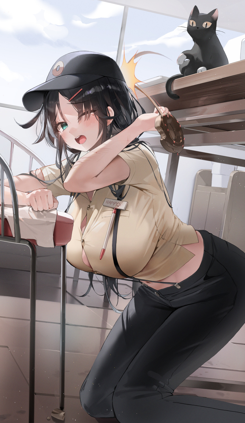 1girl ;o absurdres animal arm_up baseball_cap bent_over black_cat black_hair black_headwear black_pants breasts brown_shirt bursting_breasts button_gap buttons cat chair choyeon doughnut dress_shirt food green_eyes hair_ornament hairclip hat highres kneeling large_breasts long_hair looking_at_viewer midriff name_tag navel one_eye_closed open_mouth original pants pen scratches shirt short_sleeves solo suspenders table tearing_up throwing