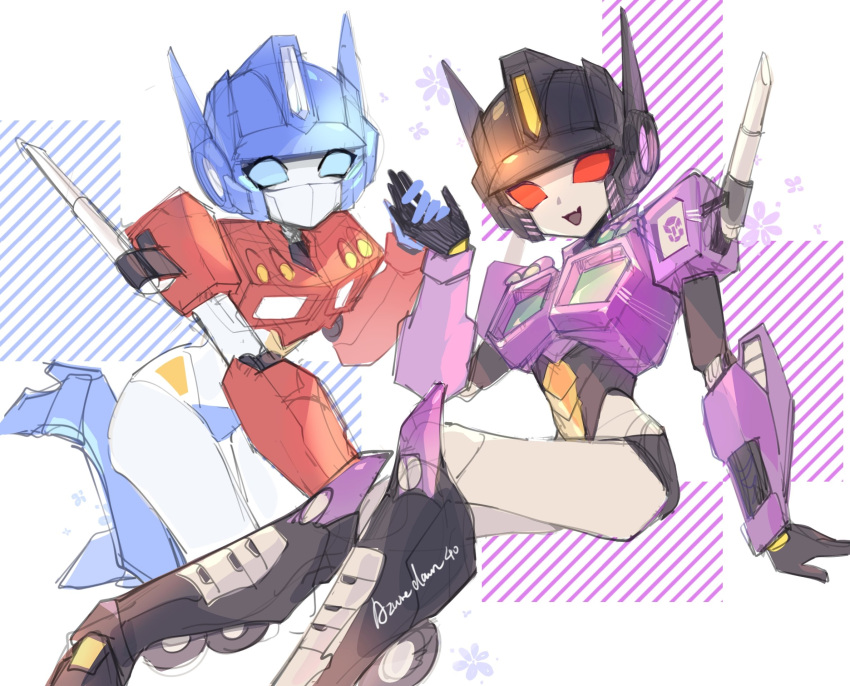 2girls artist_name autobot azuredawn40 blue_eyes dual_persona genderswap genderswap_(mtf) highres holding_hands looking_at_viewer mecha multiple_girls no_humans open_hand optimus_prime optimus_prime_(shattered_glass) red_eyes robot science_fiction sitting sketch smile transformers transformers:_generation_1 transformers_shattered_glass