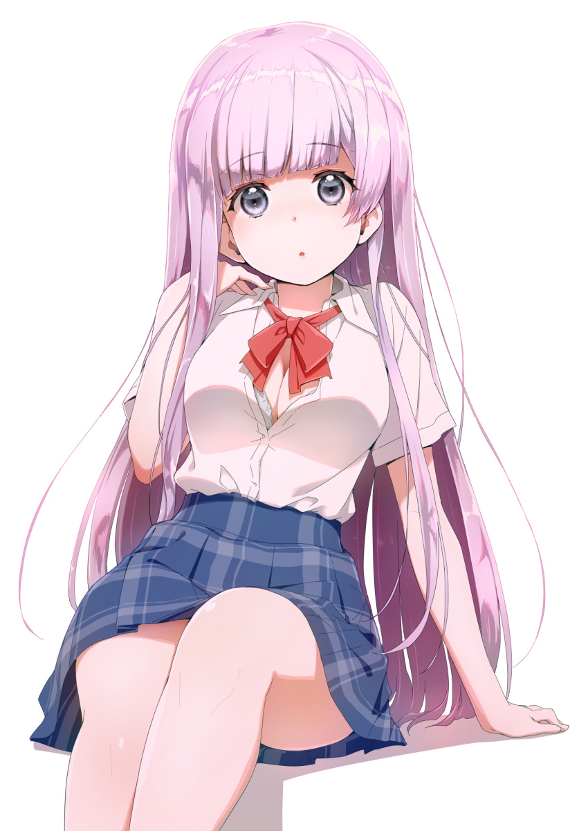 1girl :o akata_itsuki arm_at_side blue_skirt blunt_bangs bow bowtie bra bra_peek breasts cleavage collared_shirt commentary_request d4dj feet_out_of_frame grey_bra grey_eyes hand_up high-waist_skirt highres invisible_chair izumo_saki long_hair looking_at_viewer medium_breasts miniskirt parted_lips partially_unbuttoned plaid plaid_skirt purple_hair red_bow red_bowtie school_uniform shirt shirt_tucked_in short_sleeves sidelocks simple_background sitting skirt solo underwear very_long_hair white_background white_shirt
