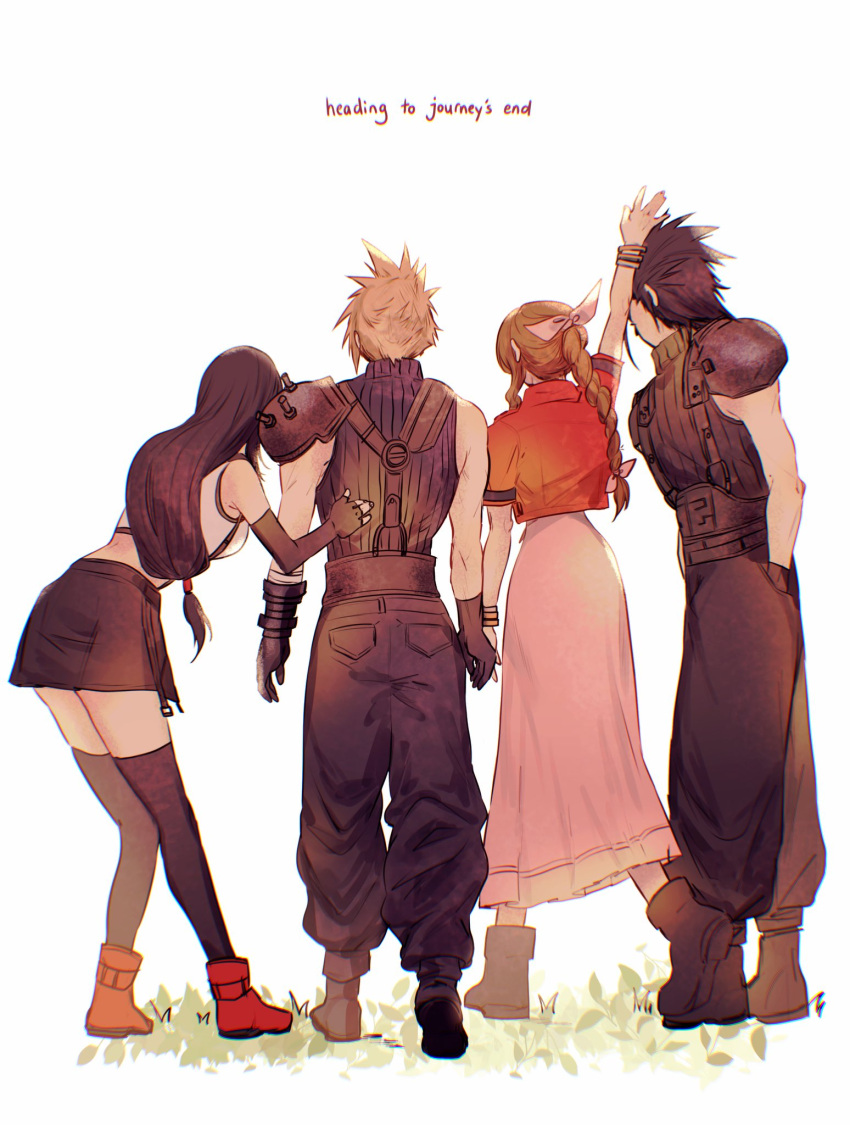 2boys 2girls aerith_gainsborough armor baggy_pants black_footwear black_gloves black_hair black_pants black_shirt black_skirt black_thighhighs boots braid braided_ponytail brown_hair cloud_strife cropped_shirt english_text facing_ahead final_fantasy final_fantasy_vii final_fantasy_vii_remake fingerless_gloves from_behind full_body gloves hand_on_another's_back hand_on_another's_head headpat highres holding_hands leaning_forward light_brown_hair long_hair long_skirt low-tied_long_hair miniskirt multiple_boys multiple_girls pants pauldrons pink_skirt red_shirt ribbed_shirt sera_(serappi) shirt shoes short_hair shoulder_armor sidelocks simple_background single_pauldron skirt sleeveless sleeveless_shirt straight_hair thighhighs tifa_lockhart very_long_hair white_background zack_fair zettai_ryouiki