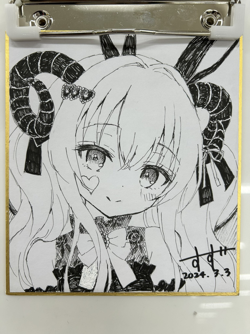 1girl bare_shoulders blush chitosezaka_suzu closed_mouth commentary_request curled_horns dated dress facial_mark hair_between_eyes highres horns long_hair looking_at_viewer original photo_(medium) shikishi signature sleeveless sleeveless_dress smile solo traditional_media upper_body