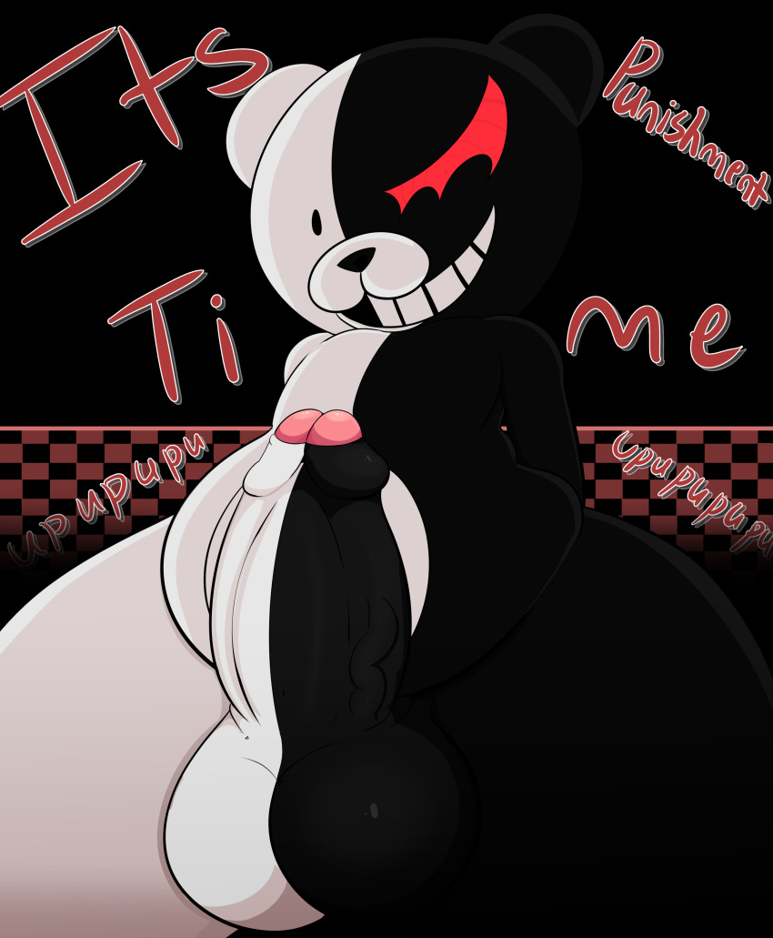 2020 absurd_res anthro balls big_balls big_penis black_background black_balls black_body black_fur black_nose checkered_background dialogue dot_eyes english_text erection fur genitals grin hi_res humanoid_penis looking_at_viewer male mammal monokuma no_pupils not_safe_for_reality onomatopoeia pattern_background penis presenting presenting_penis red_eyes simple_background smile solo sound_effects striped_body striped_fur striped_genitalia striped_penis stripes text thick_thighs uncut ursid vein veiny_penis white_body white_fur white_penis