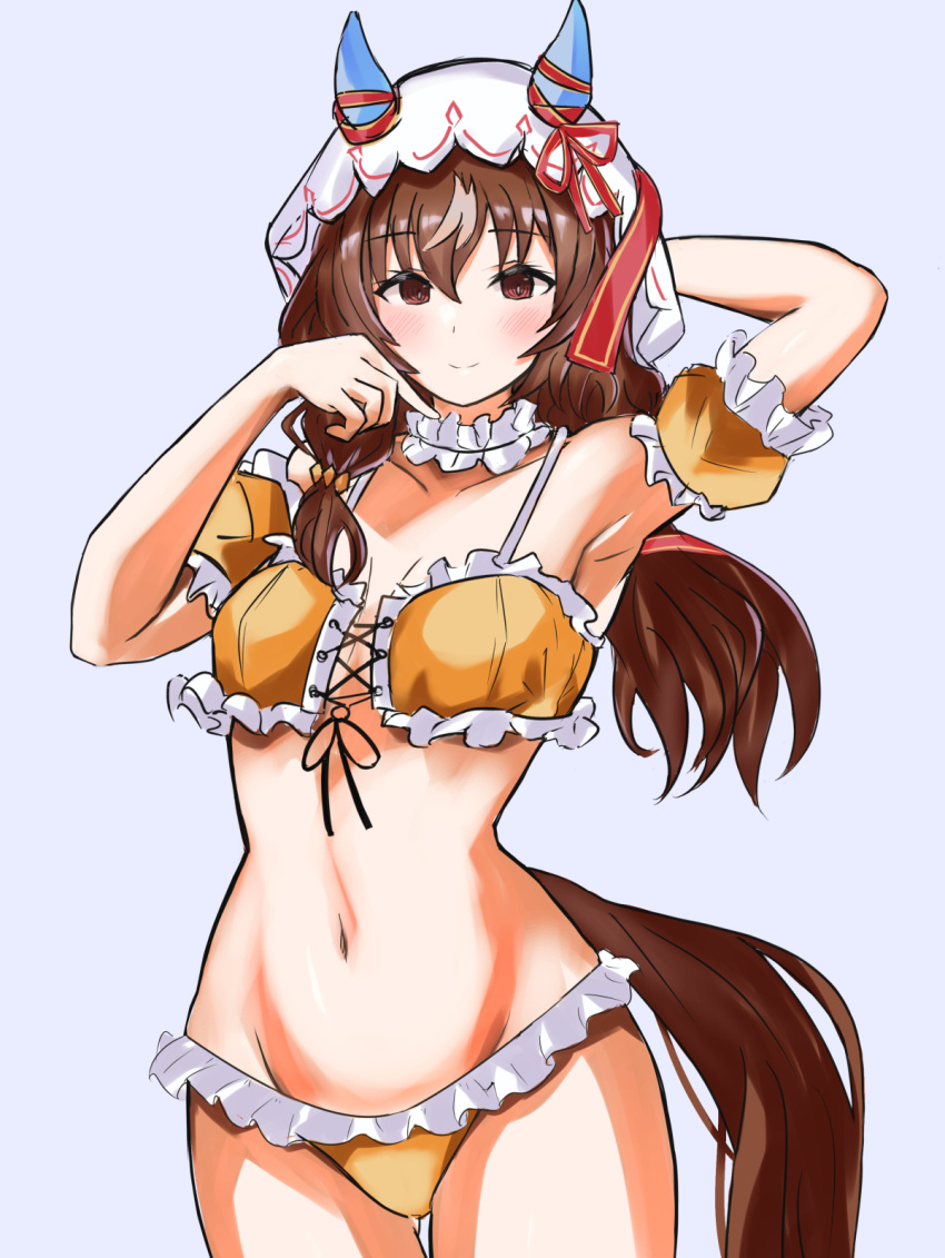 1girl alternate_costume arm_up armpits breasts brown_hair collarbone hair_between_eyes highres horse_girl looking_at_viewer navel red_eyes simple_background small_breasts smile solo still_in_love_(umamusume) swimsuit umamusume vandy76 veil white_background