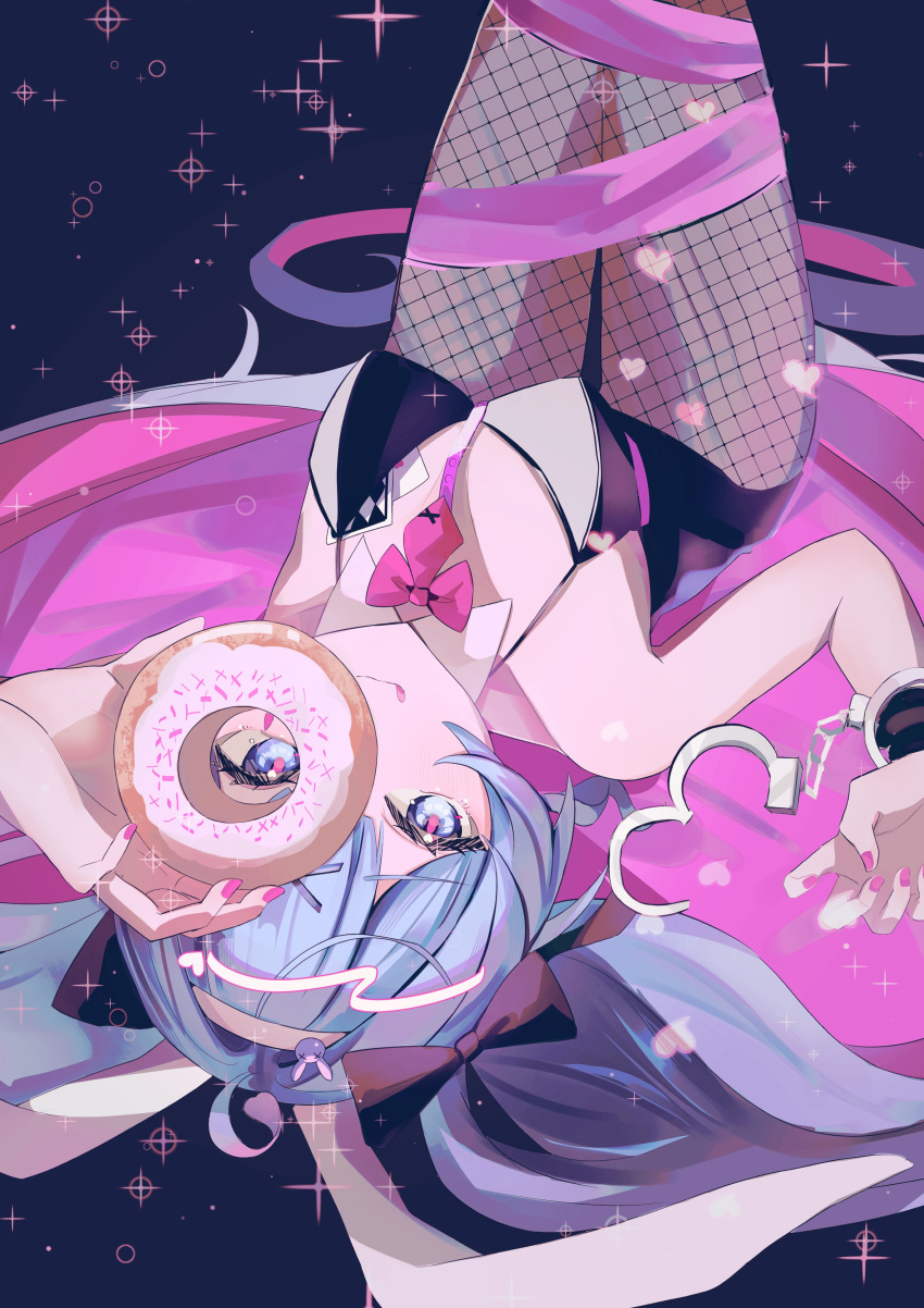 1girl :q absurdres animal_ear_hairband animal_ears black_leotard blue_eyes blue_hair bow bowtie breasts closed_mouth commentary detached_collar doughnut fake_animal_ears fishnet_pantyhose fishnets food hairband handcuff_dangle hatsune_miku highres holding holding_doughnut holding_food knees_up leotard looking_at_viewer looking_through_doughnut lying madara_jya medium_breasts necktie on_back pantyhose pink_bow pink_bowtie pink_necktie pink_pupils pink_ribbon playboy_bunny rabbit_ear_hairband rabbit_ears rabbit_hole_(vocaloid) ribbon solo sparkle sprinkles strapless strapless_leotard symbol-only_commentary teardrop_facial_mark tongue tongue_out twintails two-tone_leotard vocaloid white_hairband white_leotard wrapped_up