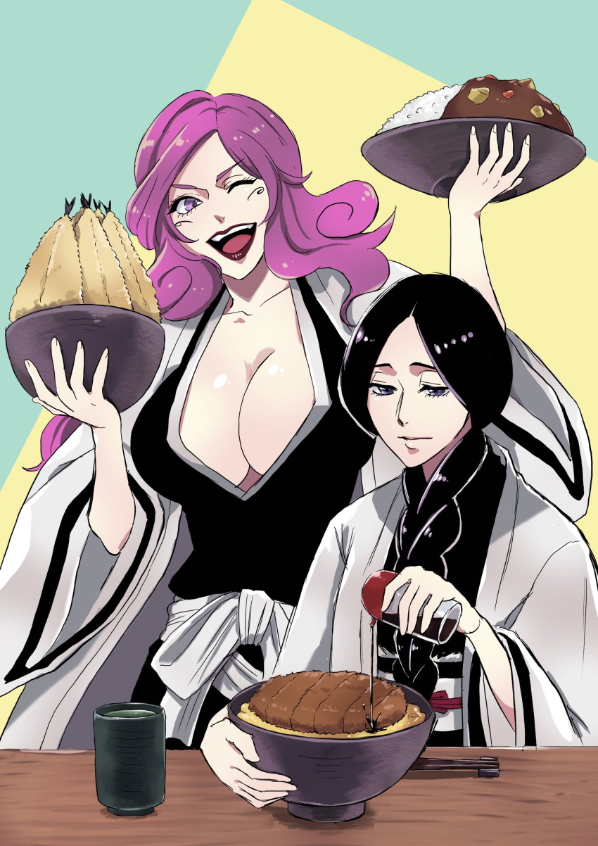 2girls anno_im black_hair black_kimono bleach bottle bowl breasts chopsticks cleavage cup curry food food_request green_background haori highres hikifune_kirio holding holding_bottle holding_bowl japanese_clothes kimono large_breasts lipstick long_hair makeup multiple_girls one_eye_closed open_mouth purple_eyes purple_hair soy_sauce_bottle table taichou_haori teeth two-tone_background unohana_retsu upper_teeth_only white_haori wooden_table yellow_background