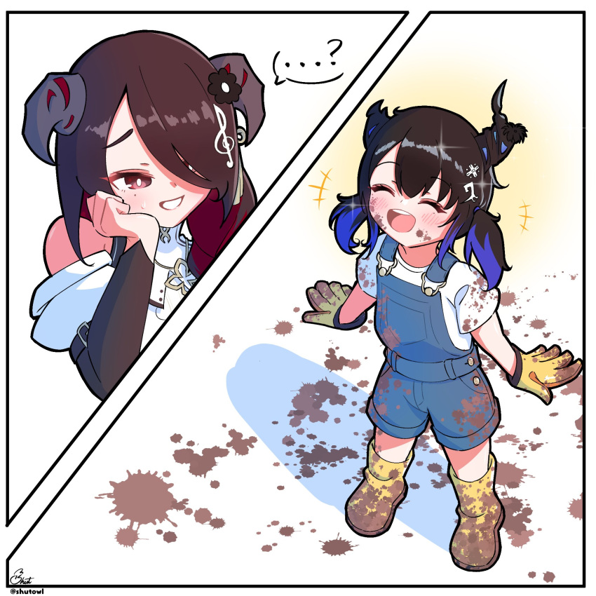 2girls aged_down asymmetrical_horns black_hair blue_hair blue_overalls blush boots closed_eyes closed_mouth colored_inner_hair demon_horns dirt_on_face dirty dirty_clothes gloves hair_over_one_eye highres hololive hololive_english horns mamarissa mole mole_under_eye mother_and_daughter multicolored_hair multiple_girls nerissa_ravencroft open_mouth overalls red_hair shirt shutowl smile teeth twintails upper_teeth_only virtual_youtuber white_shirt yellow_footwear yellow_gloves