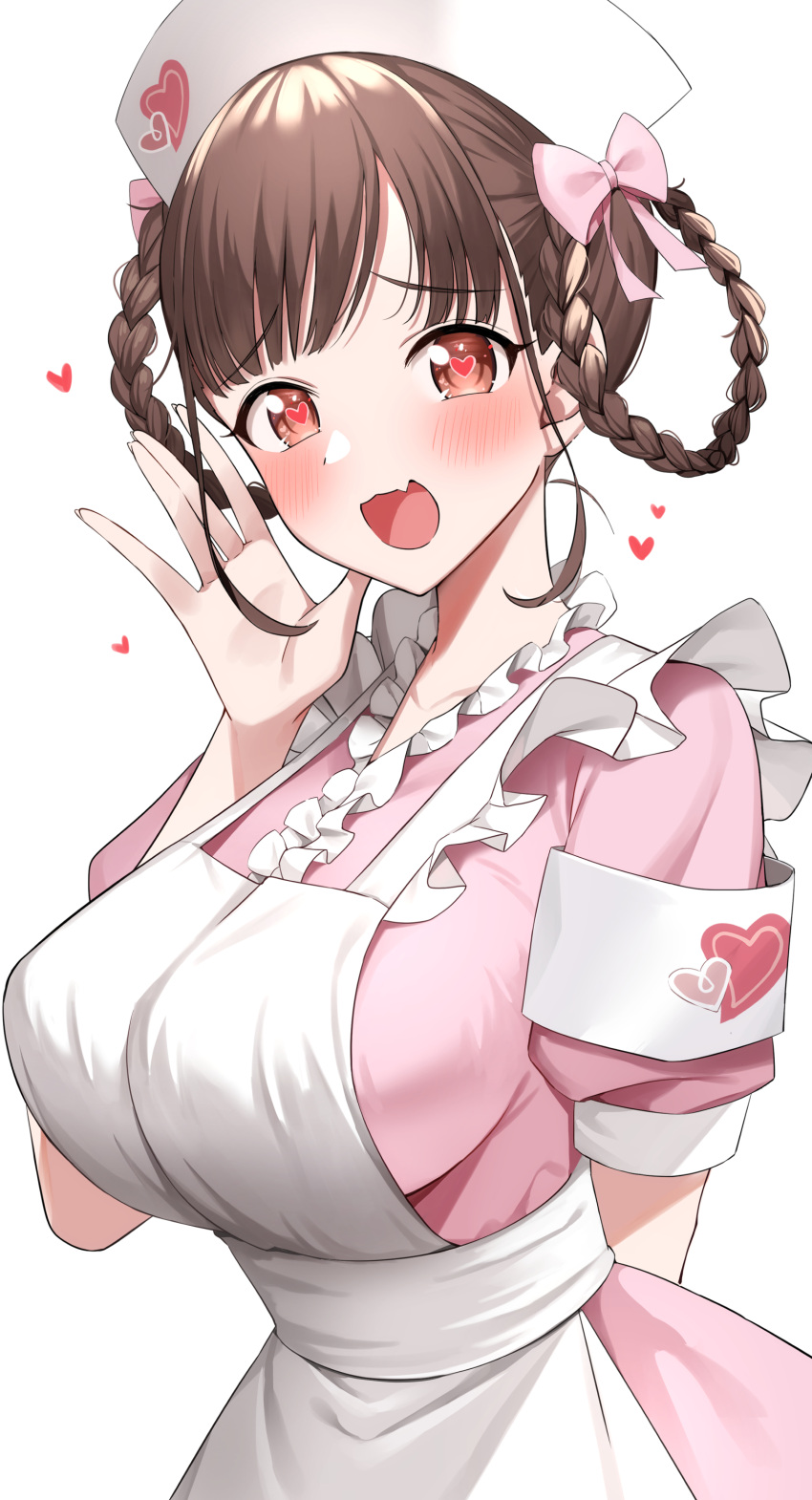 1girl absurdres apron armband blush braided_hair_rings breasts brown_hair commentary_request fang gawawawa hat heart highres idolmaster idolmaster_shiny_colors large_breasts looking_at_viewer nurse nurse_cap pink_shirt red_eyes shirt simple_background skin_fang smile solo sonoda_chiyoko white_apron white_armband white_background
