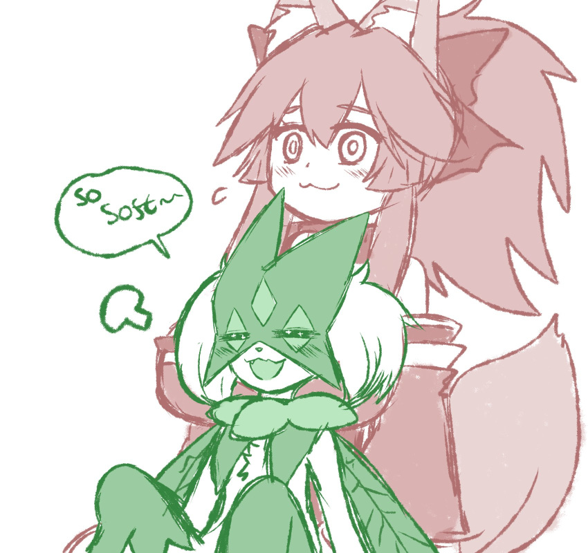 1boy 1girl :3 animal_ear_fluff animal_ears animal_nose bare_shoulders bell blush body_fur bow breasts closed_eyes collar detached_sleeves embarrassed english_text fang fate/grand_order fate_(series) fox_ears fox_girl fox_tail furry green_fur green_hair hair_between_eyes hair_bow hair_ribbon highres japanese_clothes jingle_bell keita_naruzawa kimono large_breasts leaf long_hair meowscarada neck_bell open_mouth pink_hair pokemon pokemon_(creature) pokemon_sv ponytail red_kimono red_ribbon ribbon short_hair simple_background smile speech_bubble sweatdrop tail tamamo_(fate) tamamo_cat_(fate) tamamo_cat_(first_ascension)_(fate) two-tone_fur white_background