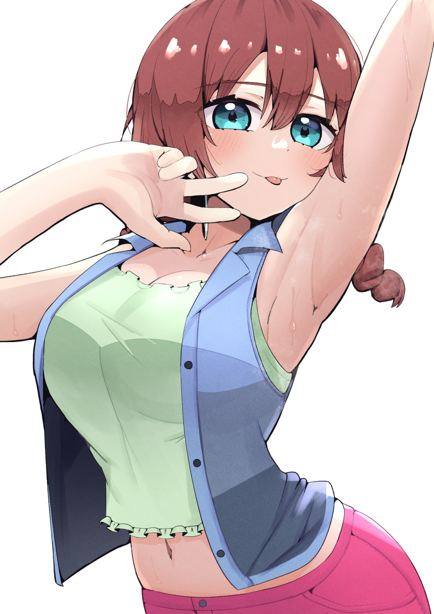 1girl :p arched_back arm_behind_head arm_up armpits blue_eyes blue_vest blush braid breasts brown_hair camisole cleavage commentary_request contrapposto cowboy_shot crop_top crop_top_overhang emma_verde green_camisole hair_between_eyes highres kooei large_breasts long_hair looking_at_viewer love_live! love_live!_nijigasaki_high_school_idol_club low_twintails midriff_peek navel pants pink_pants simple_background solo sweat sweaty_armpits tongue tongue_out twin_braids twintails vest w white_background