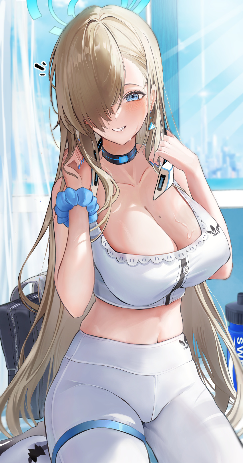 1girl absurdres alternate_costume asuna_(blue_archive) asymmetrical_bangs blue_archive blue_halo brand_name_imitation breasts cleavage hair_over_one_eye halo hands_up headphones headphones_around_neck highres large_breasts light_brown_hair looking_at_viewer mole mole_on_breast nail_polish navel pannko6216 pants scrunchie sitting smile sports_bra sportswear sweat white_pants white_sports_bra wrist_scrunchie yoga_pants