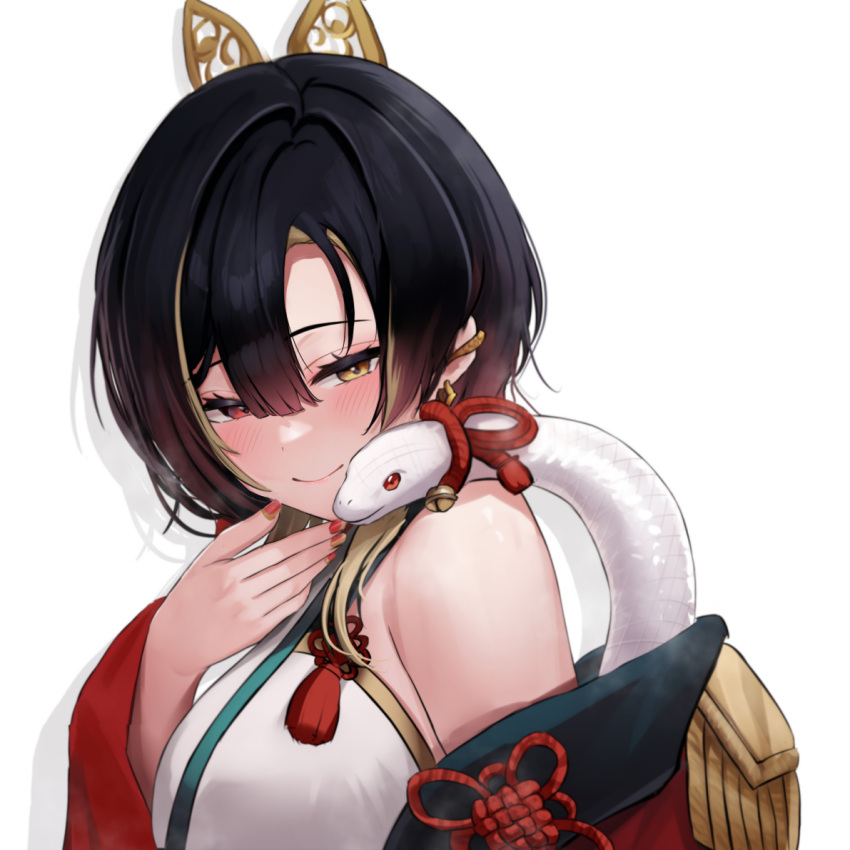 1girl bell black_hair blonde_hair blush breasts closed_mouth dress ear_ornament epaulettes flower_knot hair_between_eyes heterochromia kannagi_loki mochitsuki_karen multicolored_hair phase_connect red_eyes red_nails red_tassel smile snake solo streaked_hair upper_body virtual_youtuber white_dress yellow_eyes