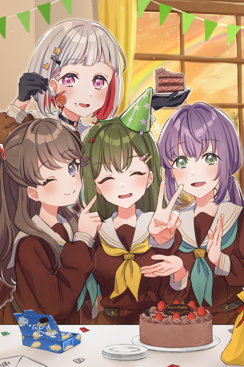 4girls alternate_hairstyle birthday_cake black_choker black_gloves blush brown_dress brown_hair cake choker closed_eyes closed_mouth colored_inner_hair commentary_request dress facing_viewer food food_on_face fork fruit fujishima_megumi gloves green_eyes green_hair green_headwear green_neckerchief grey_hair hair_ornament half_gloves happy_birthday hasu_no_sora_school_uniform hat highres holding holding_fork holding_plate indoors kyaku_tatsu link!_like!_love_live! long_hair long_sleeves looking_at_viewer love_live! multicolored_hair multiple_girls neckerchief one_eye_closed oogami_sachi otomune_kozue party_hat pennant pink_eyes plate pointing pointing_at_another ponytail purple_eyes purple_hair red_hair sailor_collar school_uniform short_hair sidelocks star_(symbol) star_hair_ornament strawberry upper_body v white_sailor_collar yellow_neckerchief yugiri_tsuzuri