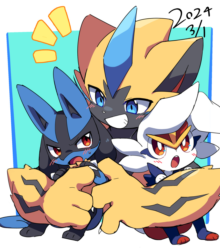 2024 ambiguous_gender anthro big_ears biped black_body black_markings blue_body blue_eyes blush blush_lines cheek_tuft cinderace facial_markings facial_tuft front_view generation_4_pokemon generation_7_pokemon generation_8_pokemon gloves_(marking) grin group head_markings hi_res larger_ambiguous legendary_pokemon looking_at_another looking_back looking_back_at_another lucario markings mask_(marking) multicolored_body nintendo open_mouth pink_nose pokemon pokemon_(species) simple_background size_difference smaller_ambiguous smile syuya teeth tongue trio tuft two_tone_body yellow_body zeraora